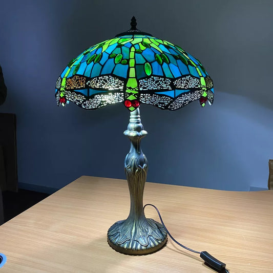 Tiffany Dragonfly Green Style 16 inch Table Lamp Stained Glass Shade Multicolor