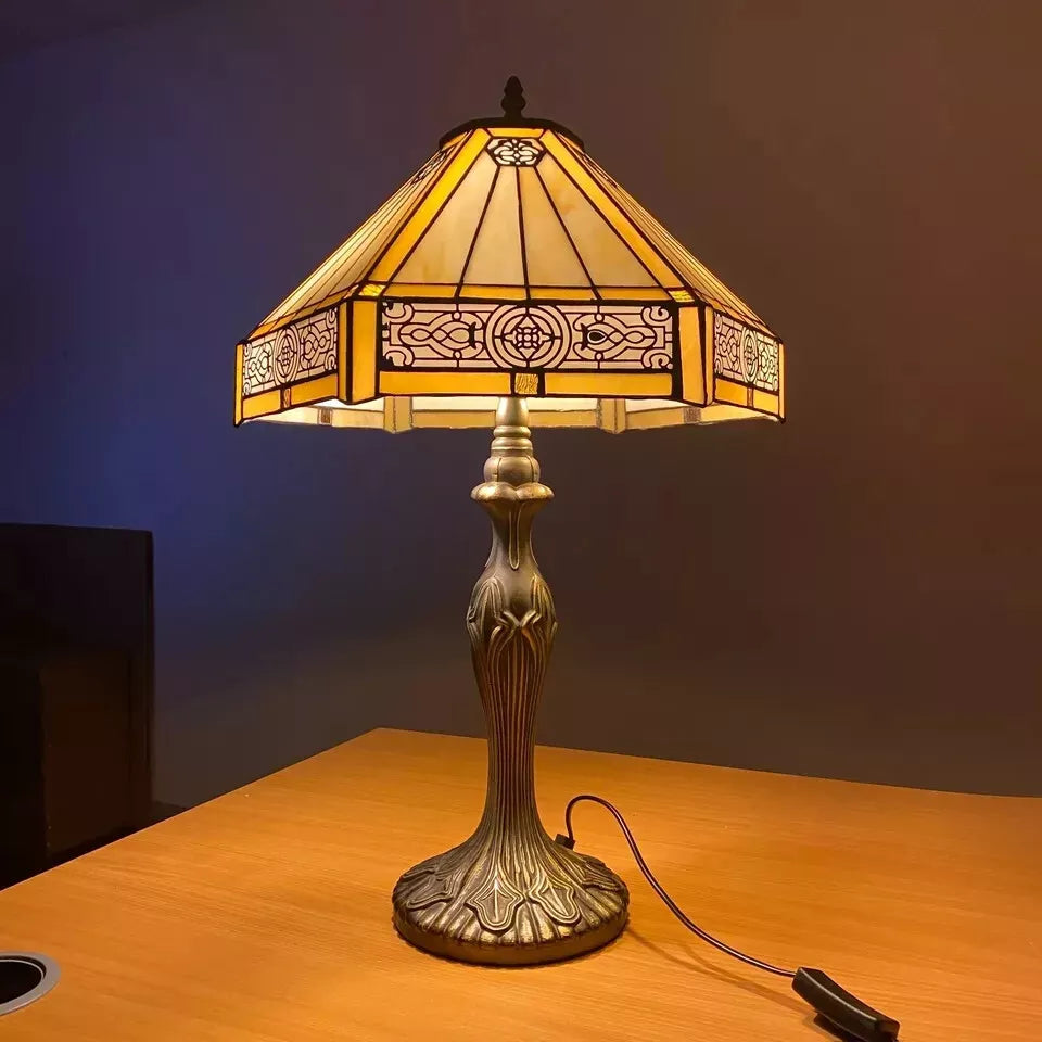 Tiffany Yellow Hexagon Antique Style 16-Inch Table Lamp Stained Glass Shade UK