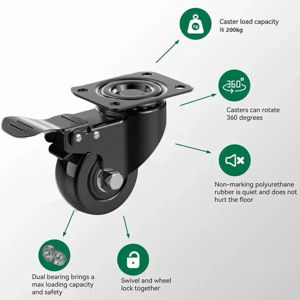 4 X Heavy Duty 50mm Swivel Castor Wheels Trolley Furniture Casters PU 200kg