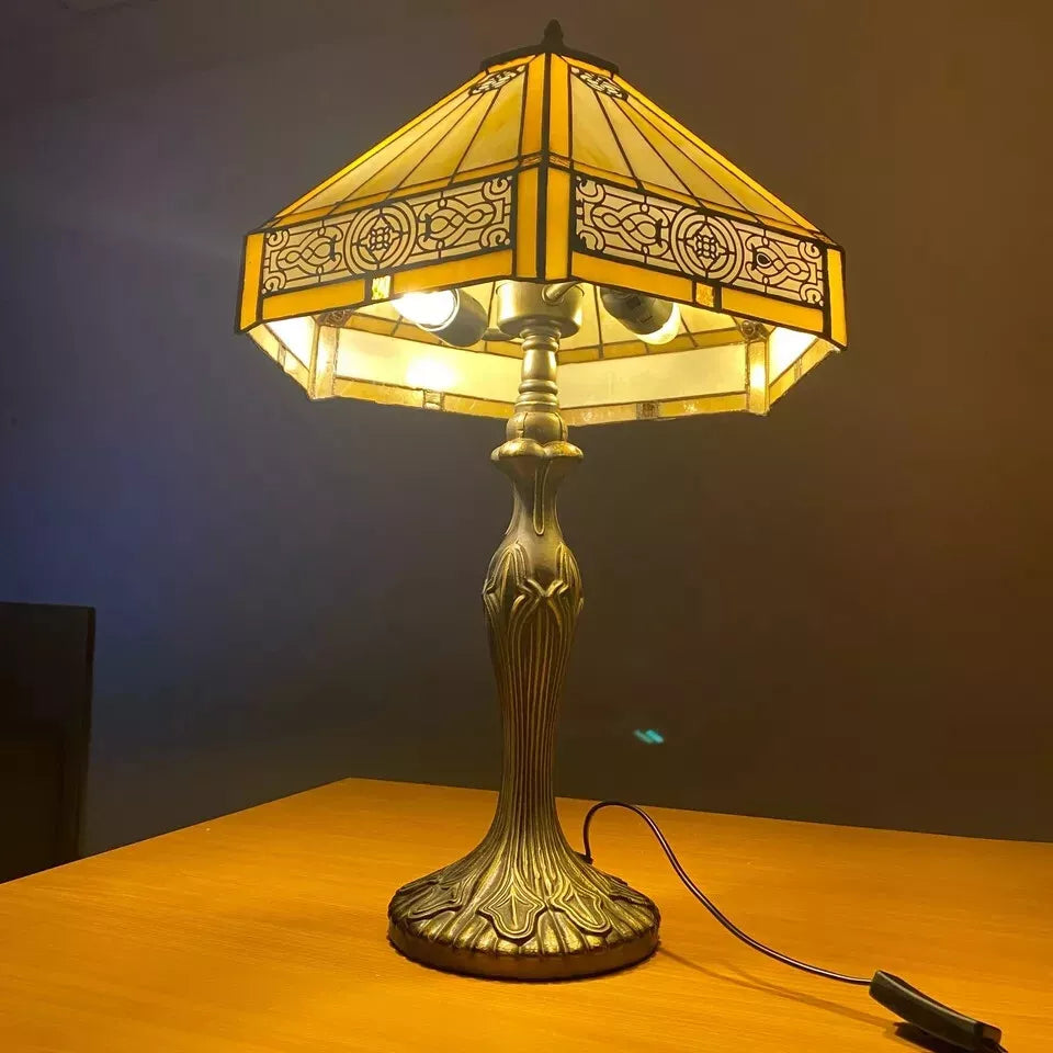 Tiffany Yellow Hexagon Antique Style 16-Inch Table Lamp Stained Glass Shade UK
