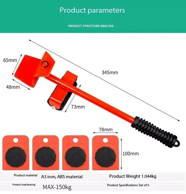 Heavy Furniture Lifter Shifter Remover Roller Wheels Moving Mover Tools Kit Set