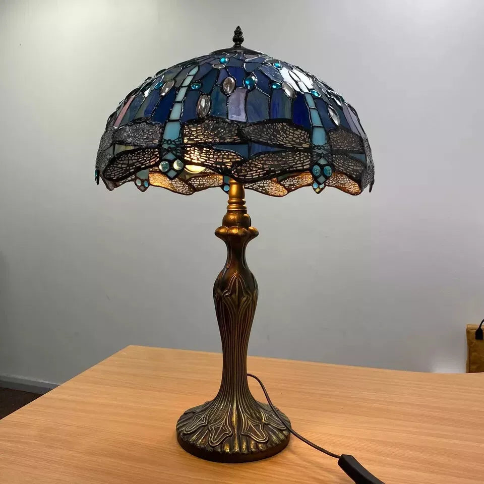 TIFFANY BLUE DRAGONFLY STYLE TABLE LAMP 16 INCH STAINED GLASS SHADE HANDCRAFTED
