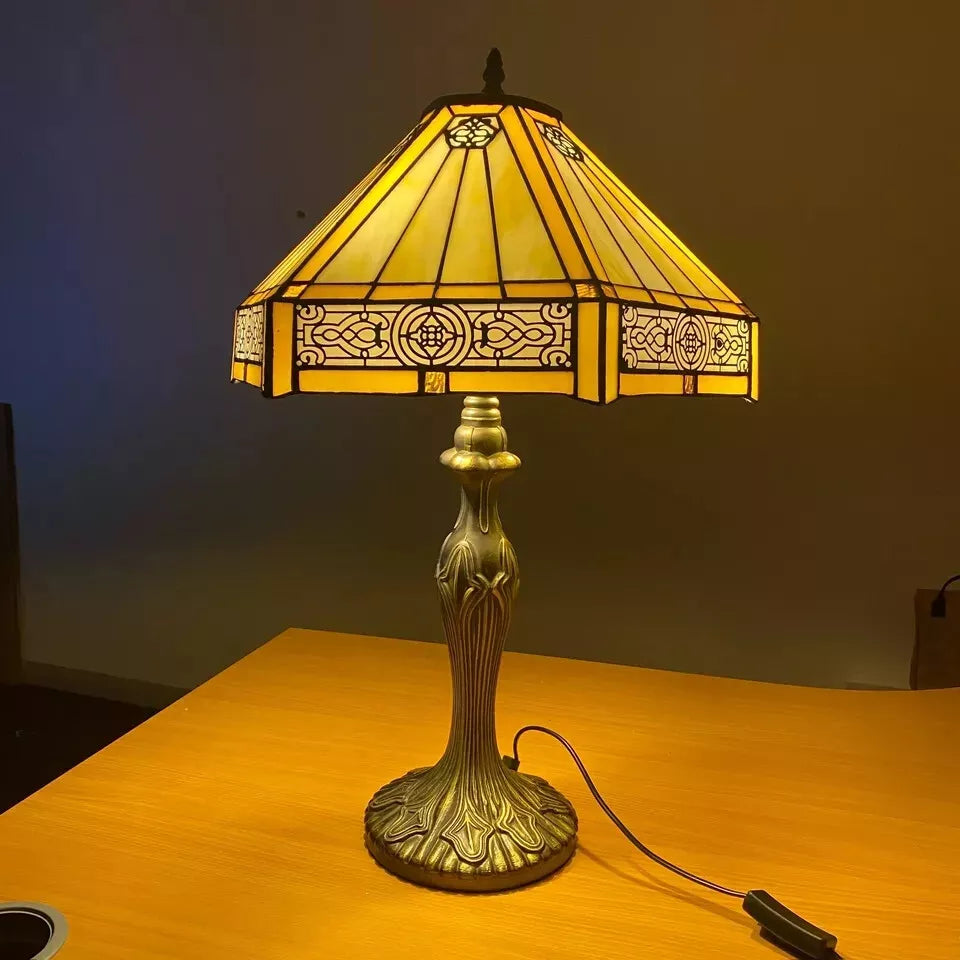 Tiffany Yellow Hexagon Antique Style 16-Inch Table Lamp Stained Glass Shade UK
