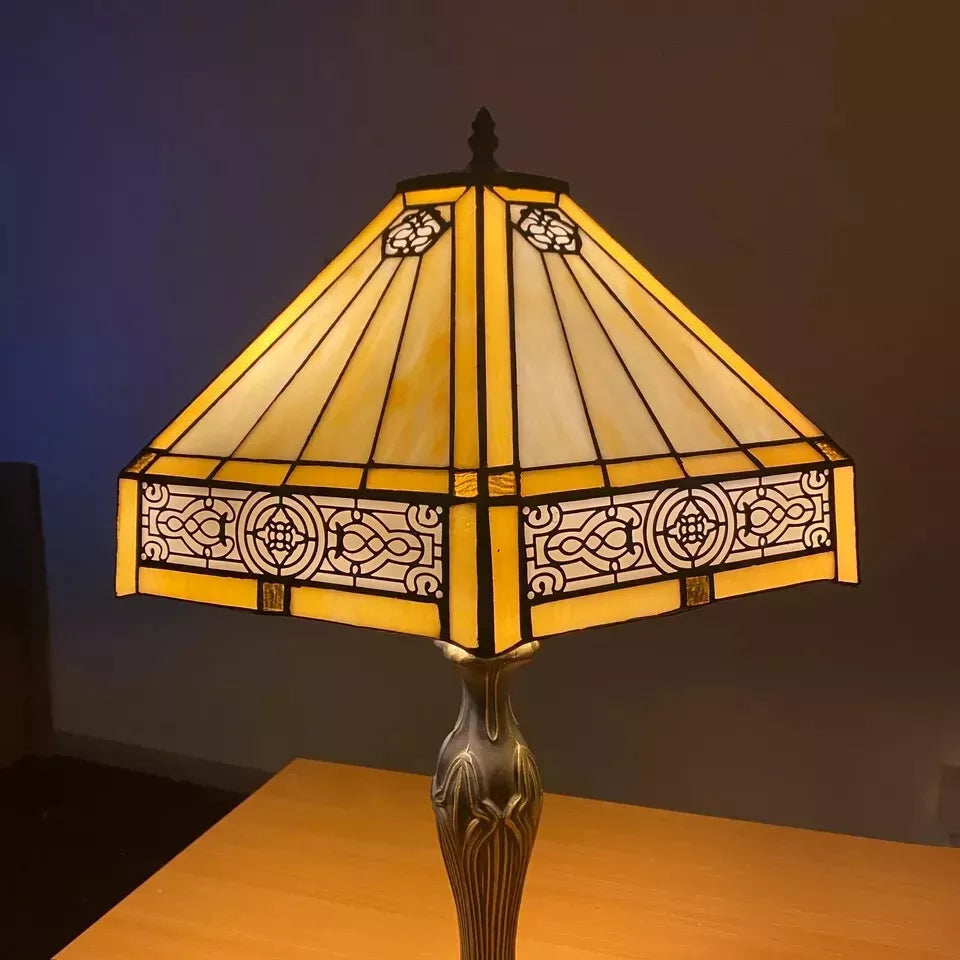 Tiffany Yellow Hexagon Antique Style 16-Inch Table Lamp Stained Glass Shade UK