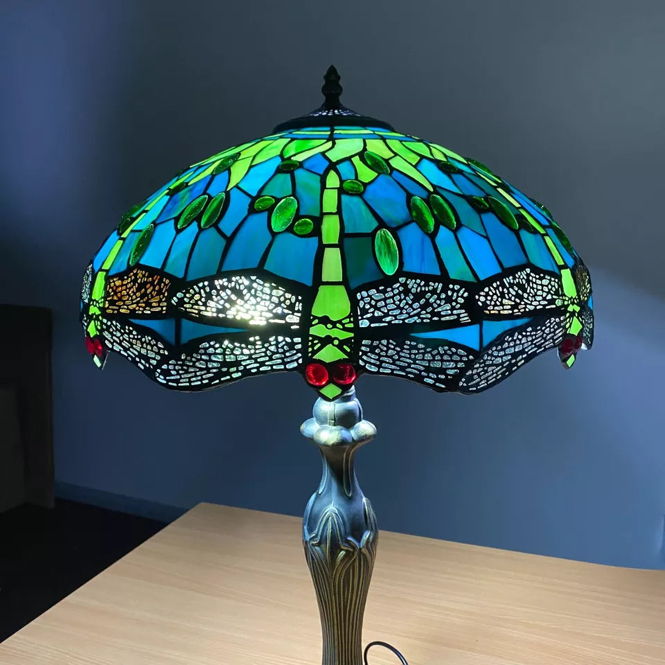 Tiffany Dragonfly Green Style 16 inch Table Lamp Stained Glass Shade Multicolor