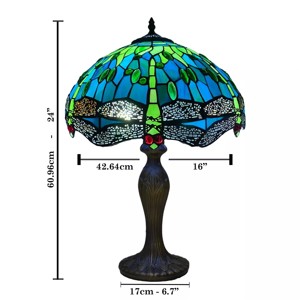 Tiffany Dragonfly Green Style 16 inch Table Lamp Stained Glass Shade Multicolor