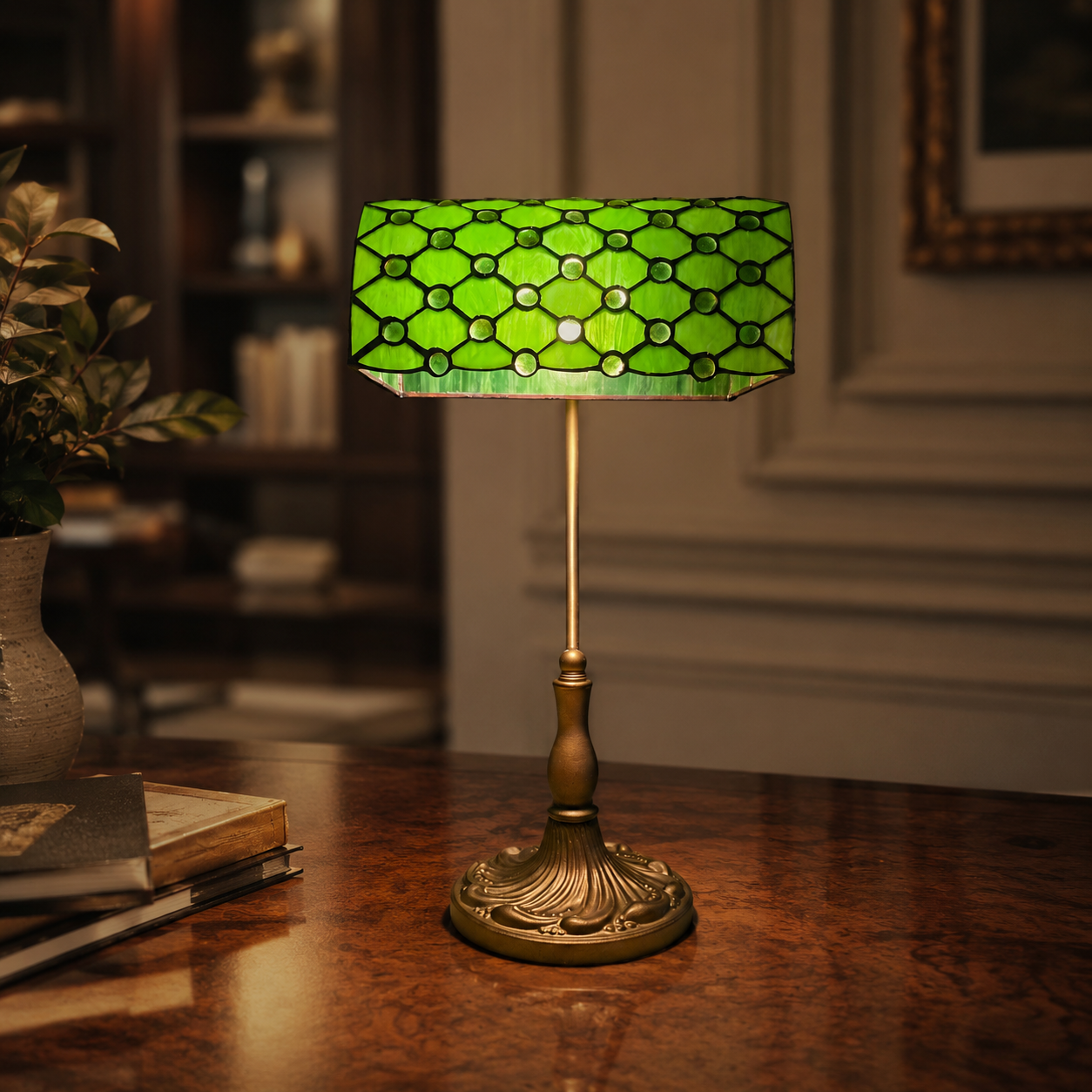 Banker’s Table Lamp with Antique Bronze Base & Glass Shade – Classic Desk Lamp