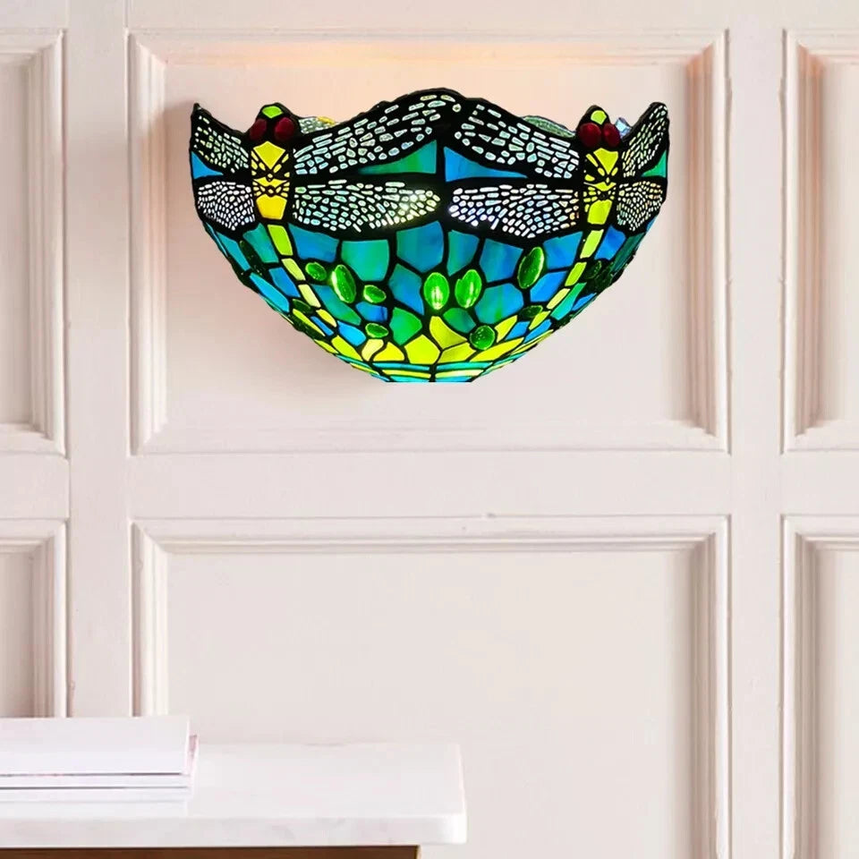 Antique Tiffany Style Wall Sconce Light – 12” Handcrafted Stained Glass Art Lamp