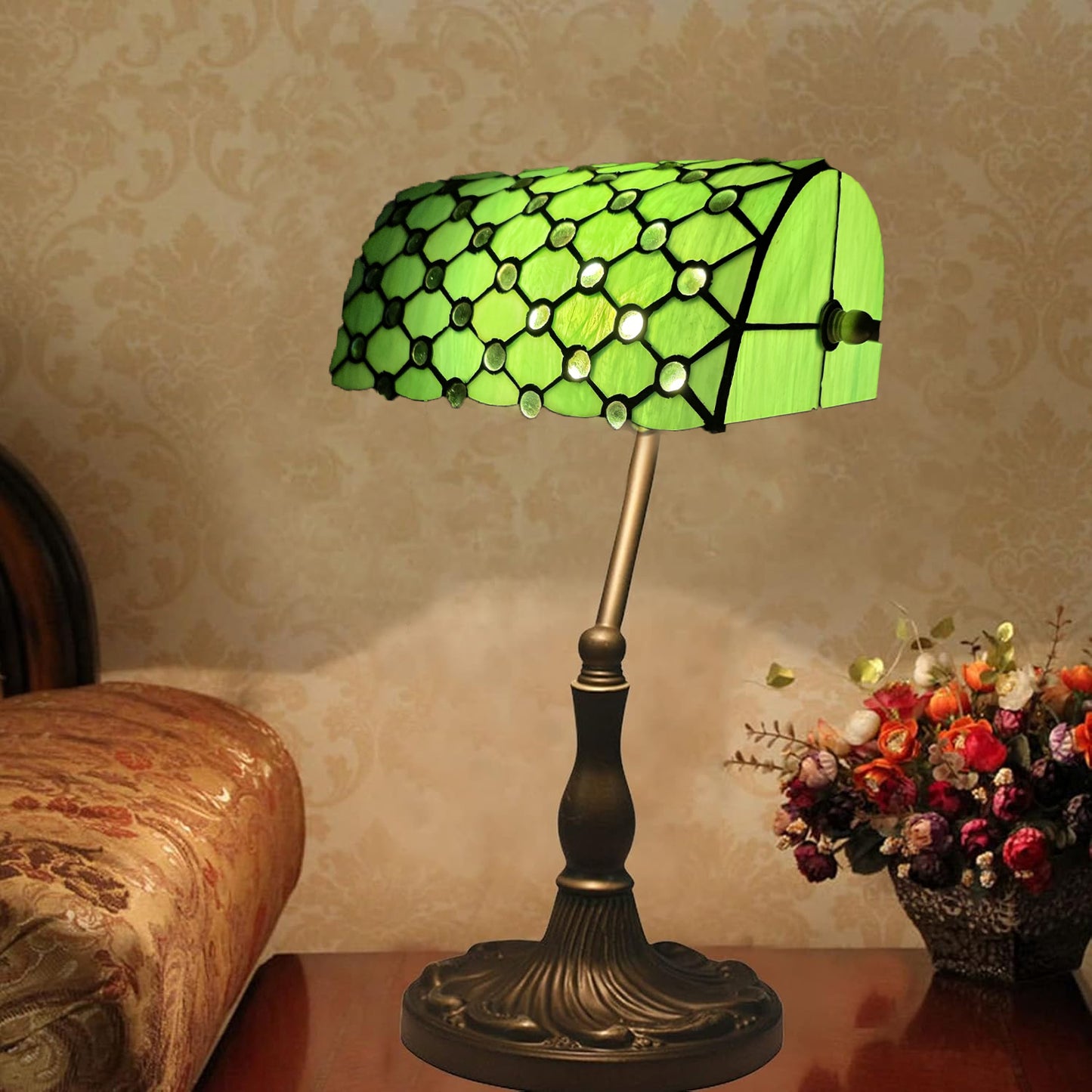 Banker’s Table Lamp with Antique Bronze Base & Glass Shade – Classic Desk Lamp