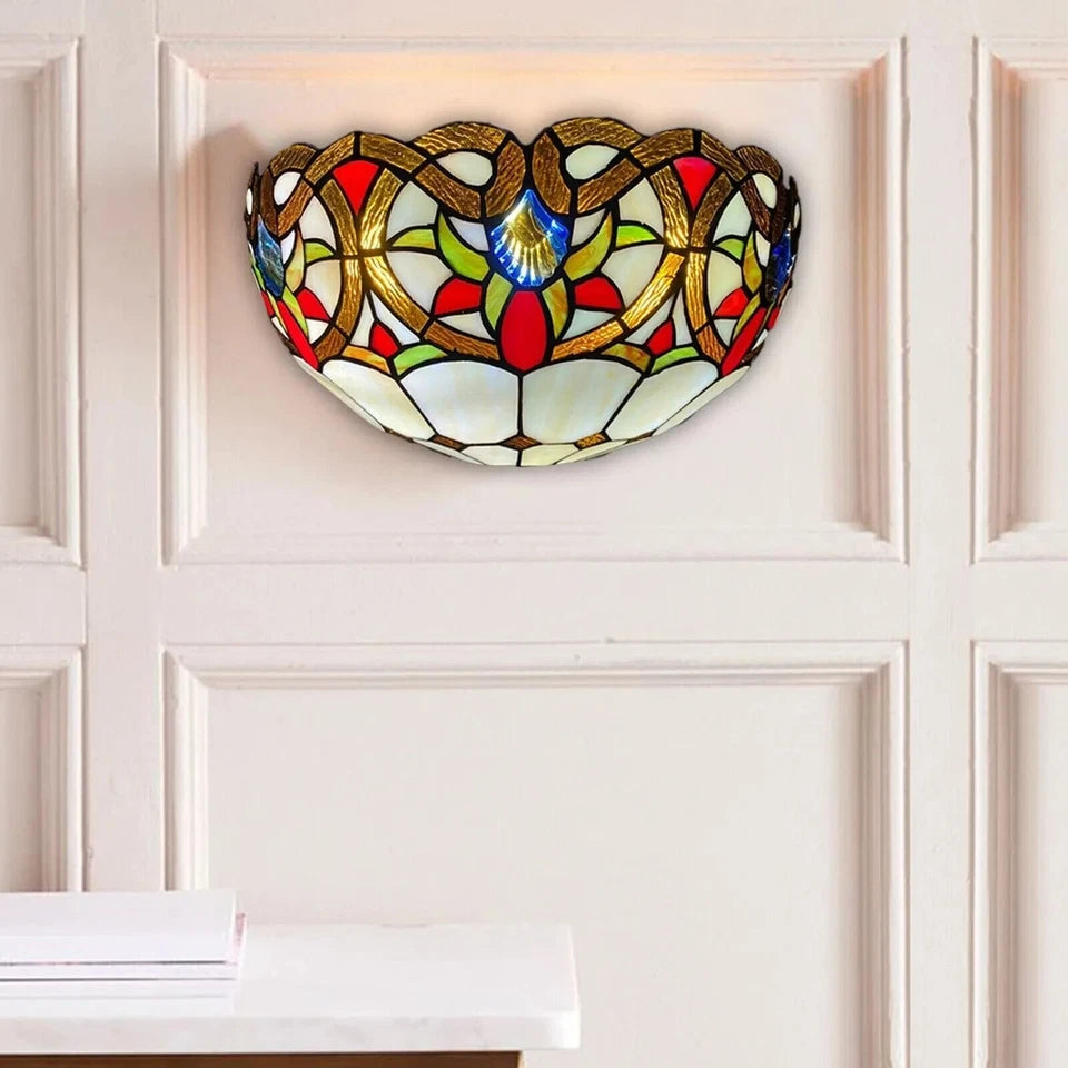 Antique Tiffany Style Wall Sconce Light – 12” Handcrafted Stained Glass Art Lamp
