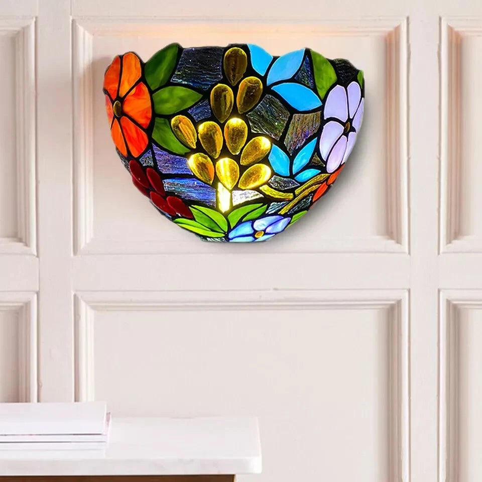 Antique Tiffany Style Wall Sconce Light – 12” Handcrafted Stained Glass Art Lamp