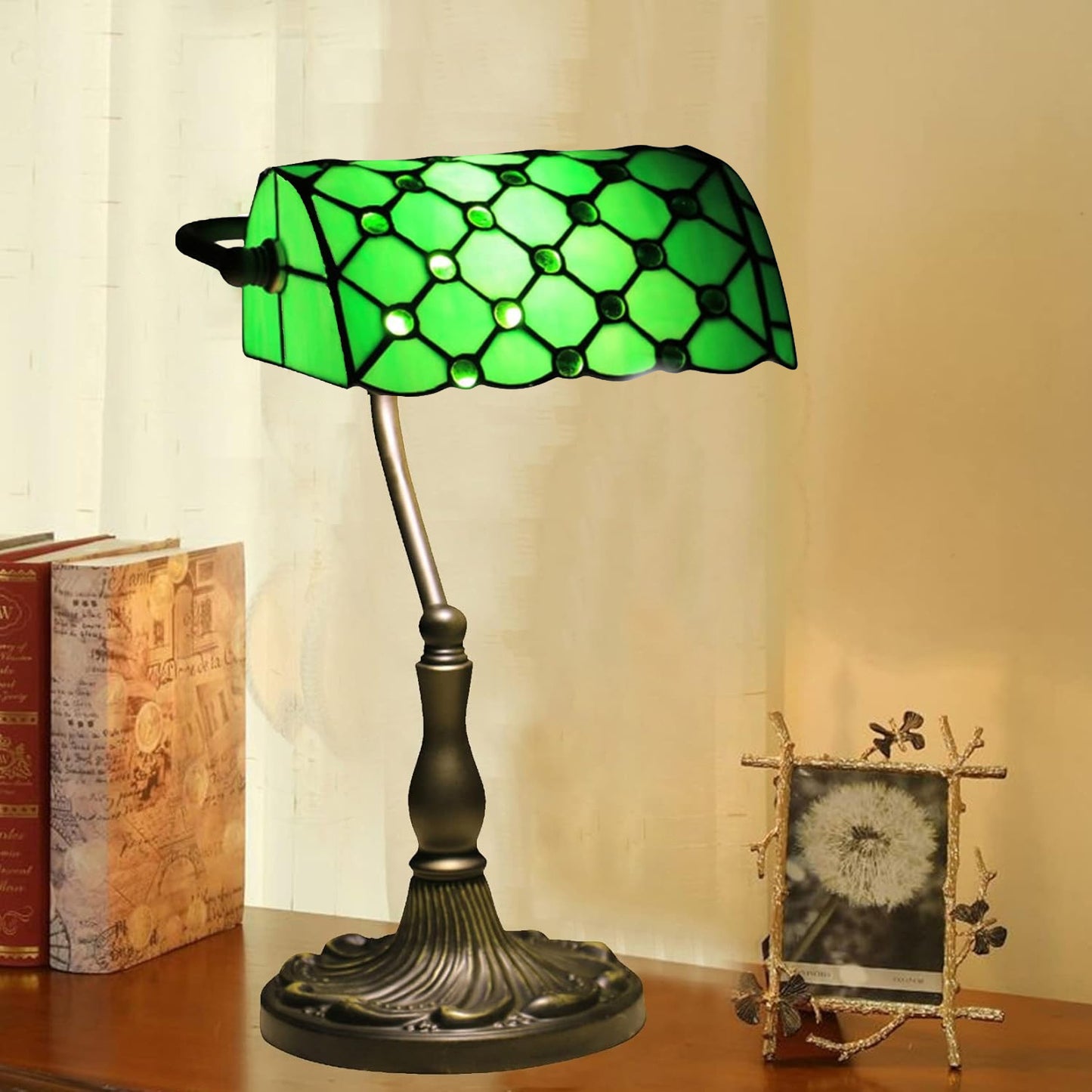 Banker’s Table Lamp with Antique Bronze Base & Glass Shade – Classic Desk Lamp