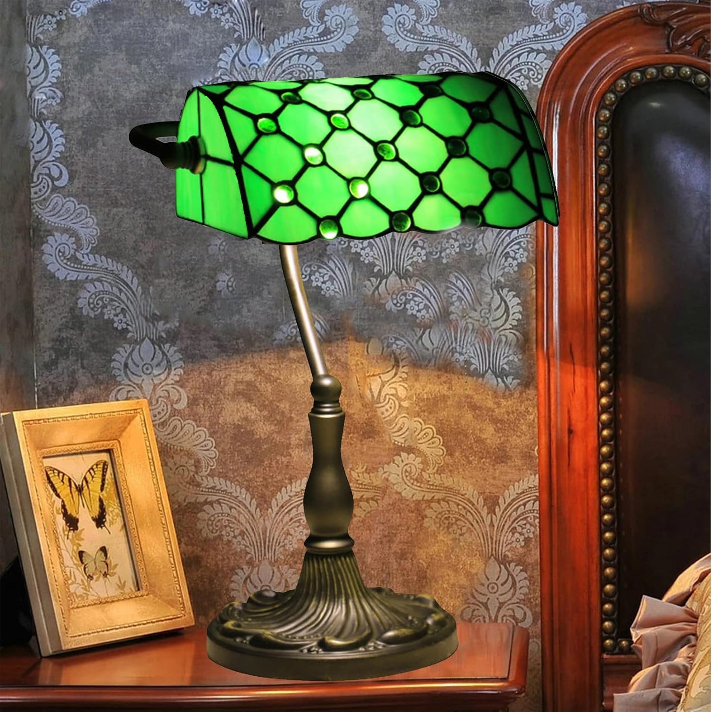 Banker’s Table Lamp with Antique Bronze Base & Glass Shade – Classic Desk Lamp