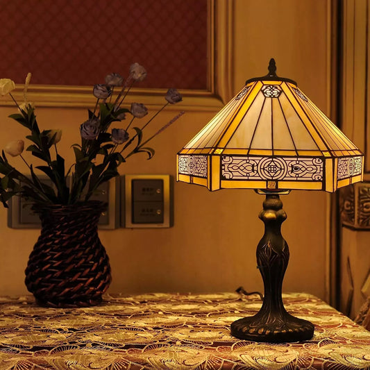 Tiffany Yellow Hexagon Antique Style 16-Inch Table Lamp Stained Glass Shade UK