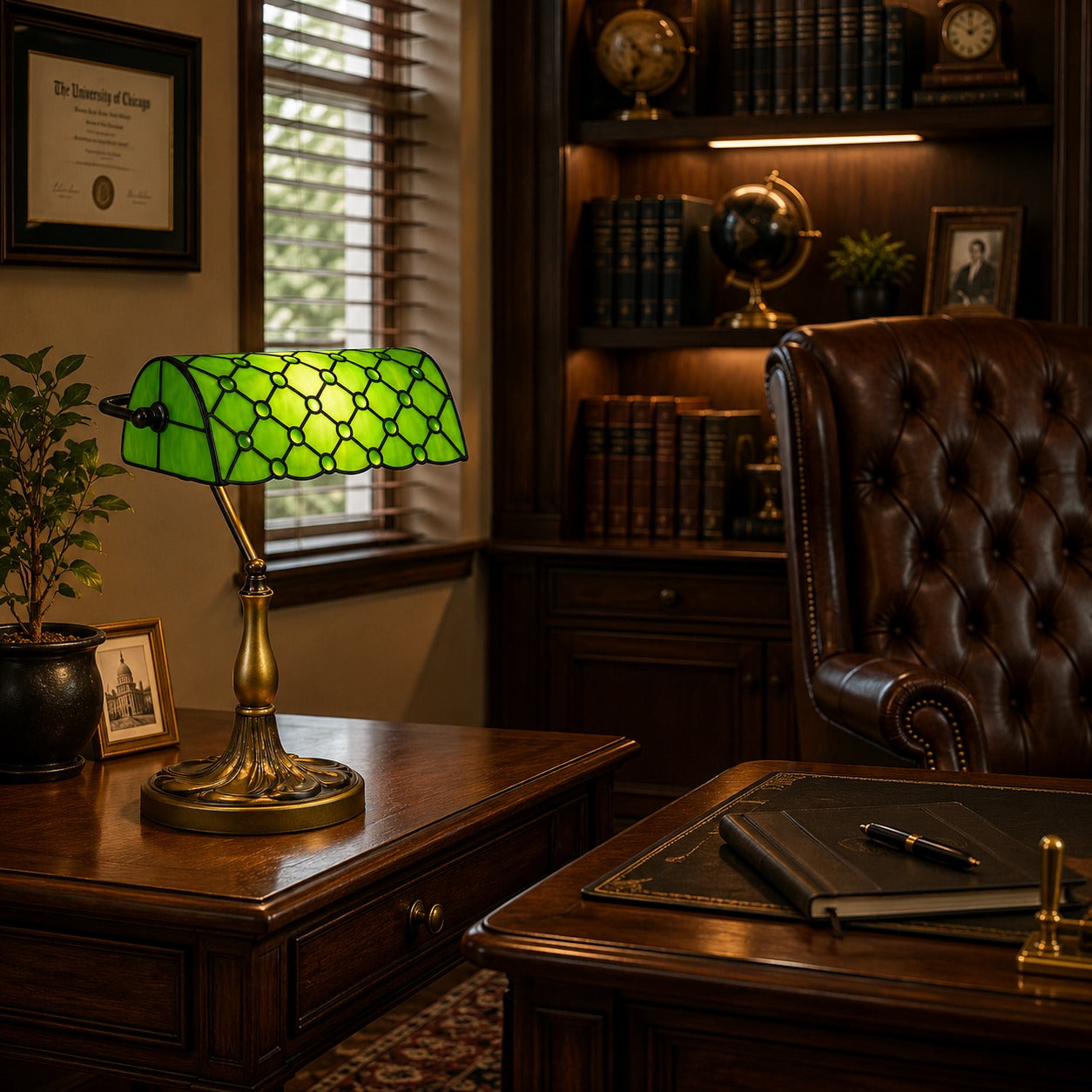 Banker’s Table Lamp with Antique Bronze Base & Glass Shade – Classic Desk Lamp