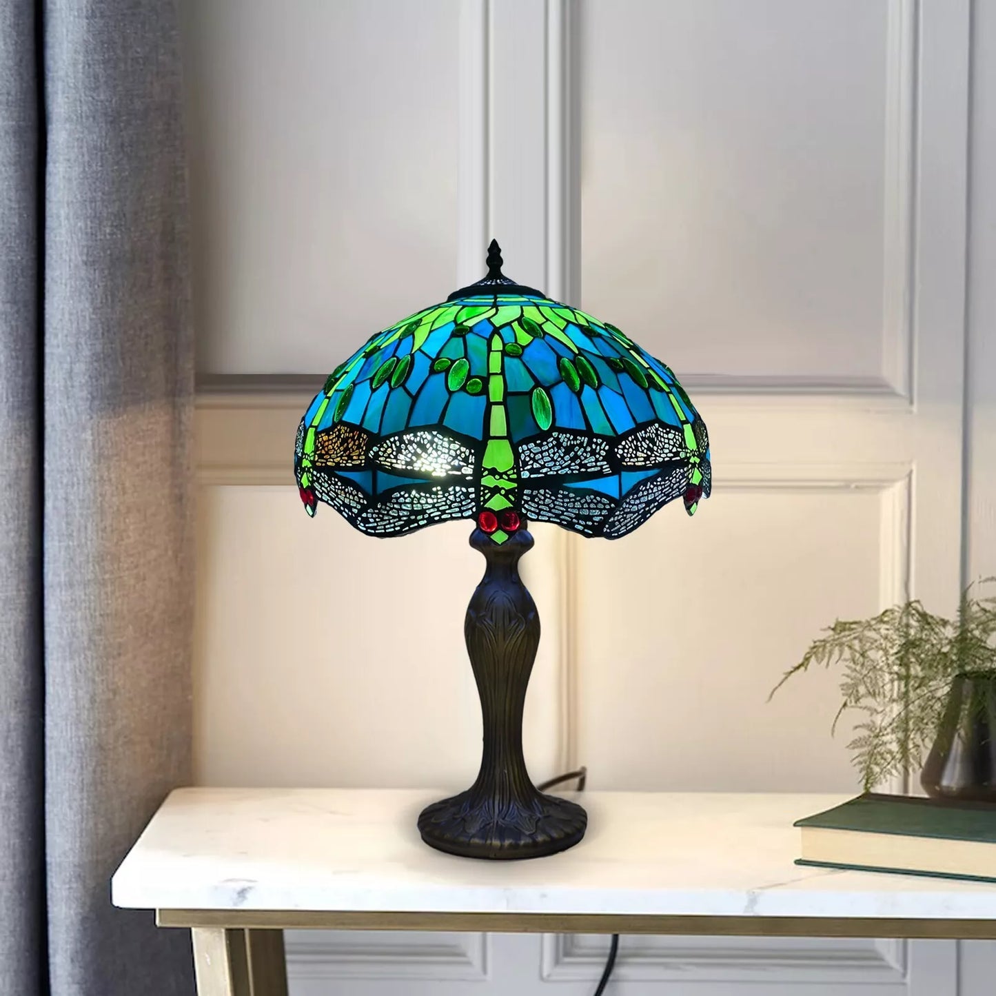 Tiffany Dragonfly Green Style 16 inch Table Lamp Stained Glass Shade Multicolor