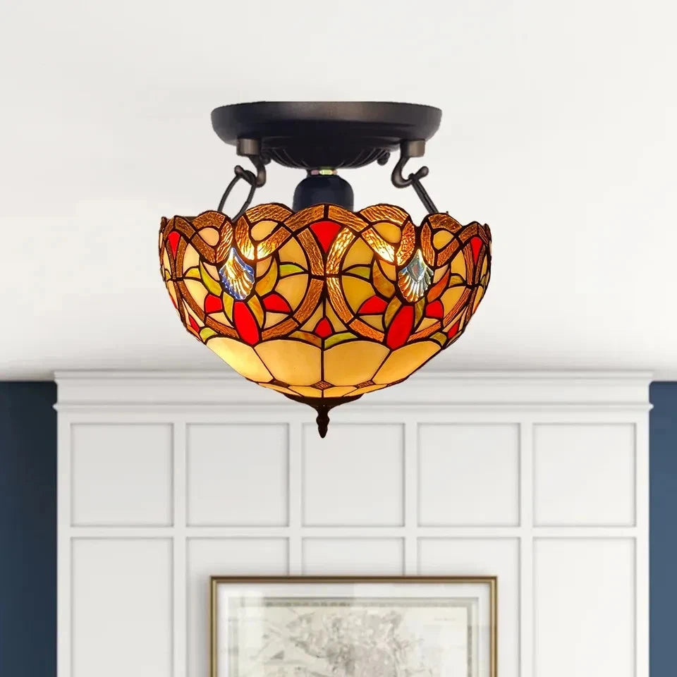 Tiffany Ceiling Lamps Uplighter 16 inch Dome Stained Glass Shade Multicolor Art