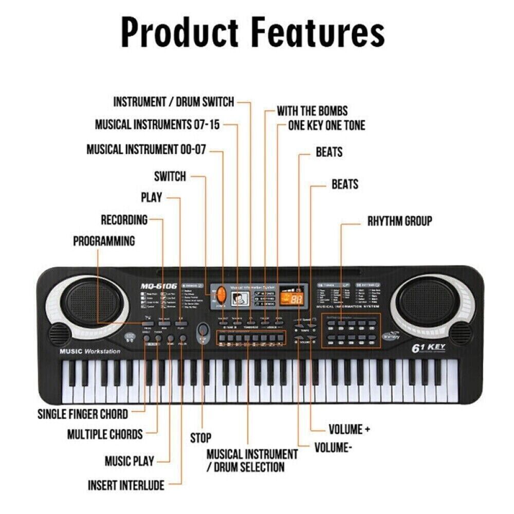 61 Keys Electric Keyboard Kids Piano Digital Music Instrument include Microphone