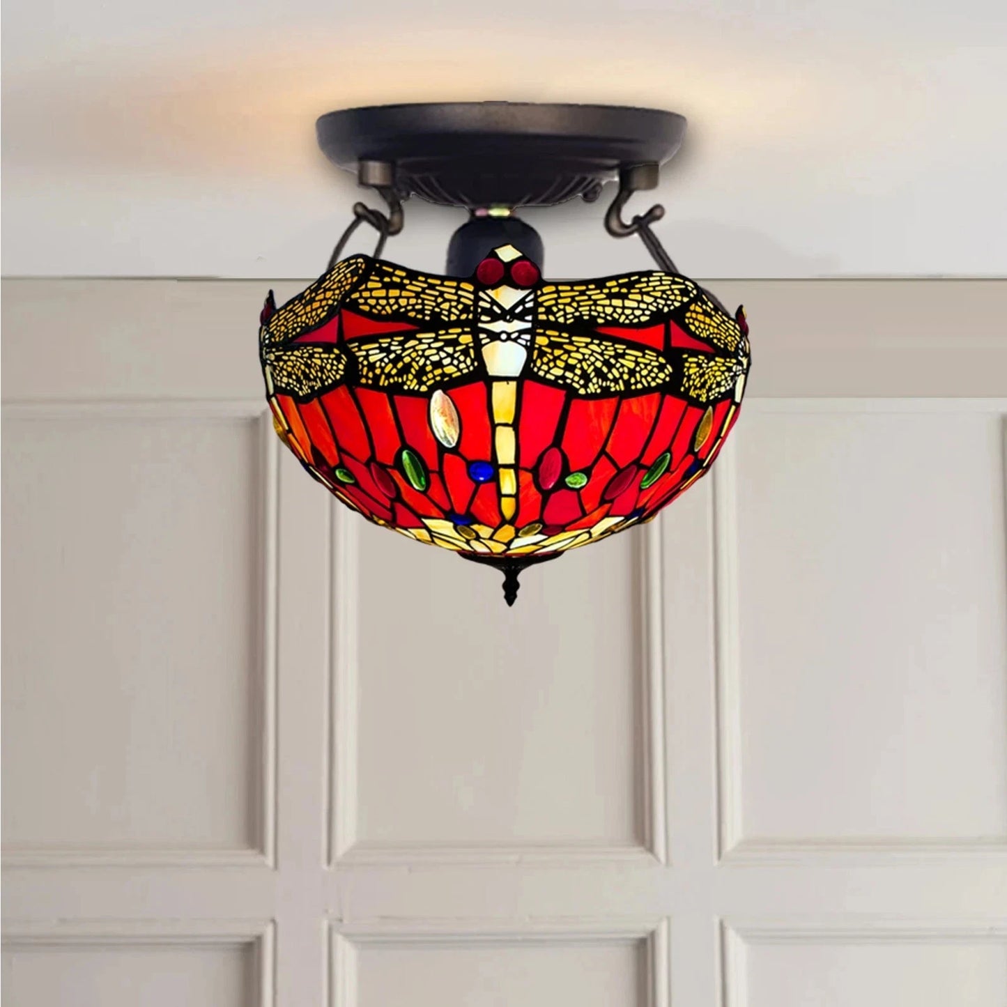 Tiffany Ceiling Lamps Uplighter 16 inch Dome Stained Glass Shade Multicolor Art