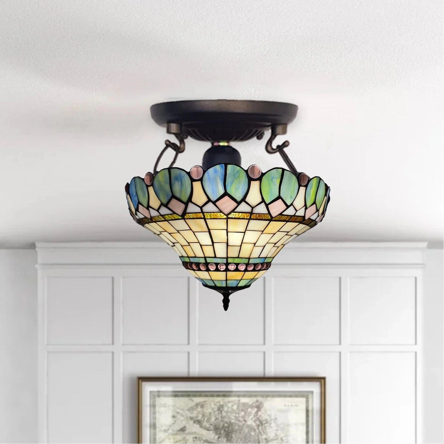 Tiffany Ceiling Lamps Uplighter 16 inch Dome Stained Glass Shade Multicolor Art