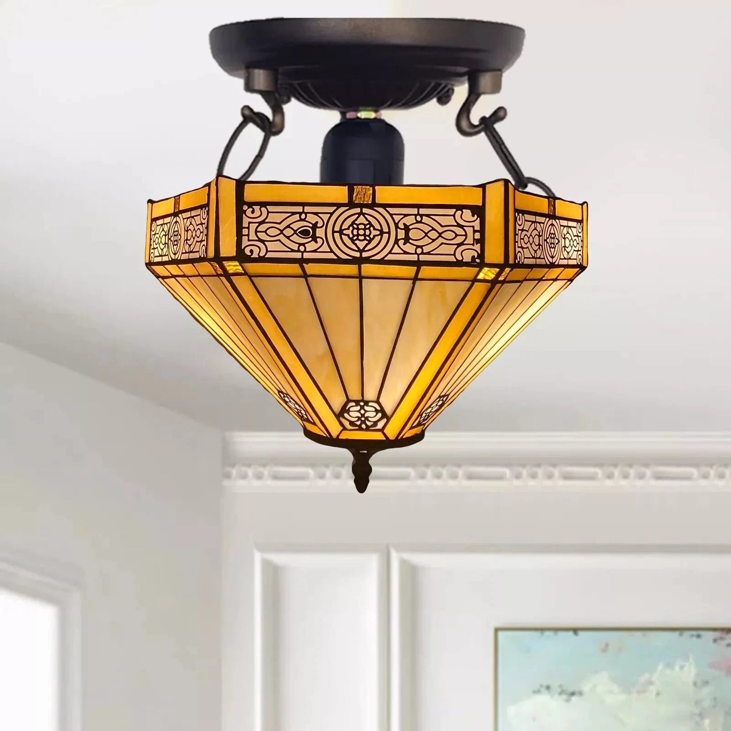 Tiffany Ceiling Lamps Uplighter 16 inch Dome Stained Glass Shade Multicolor Art