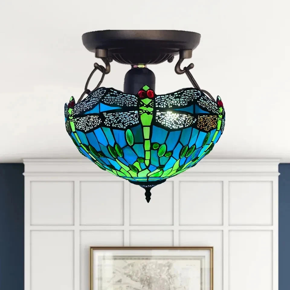 Tiffany Ceiling Lamps Uplighter 16 inch Dome Stained Glass Shade Multicolor Art