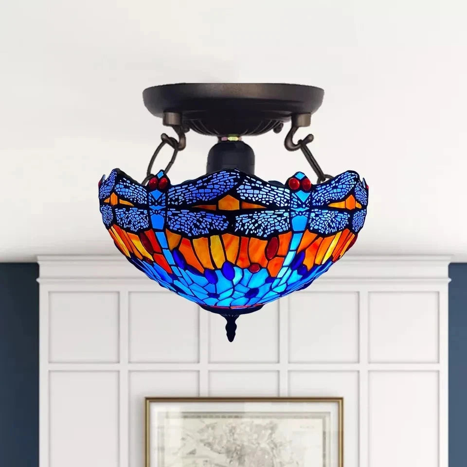 Tiffany Ceiling Lamps Uplighter 16 inch Dome Stained Glass Shade Multicolor Art