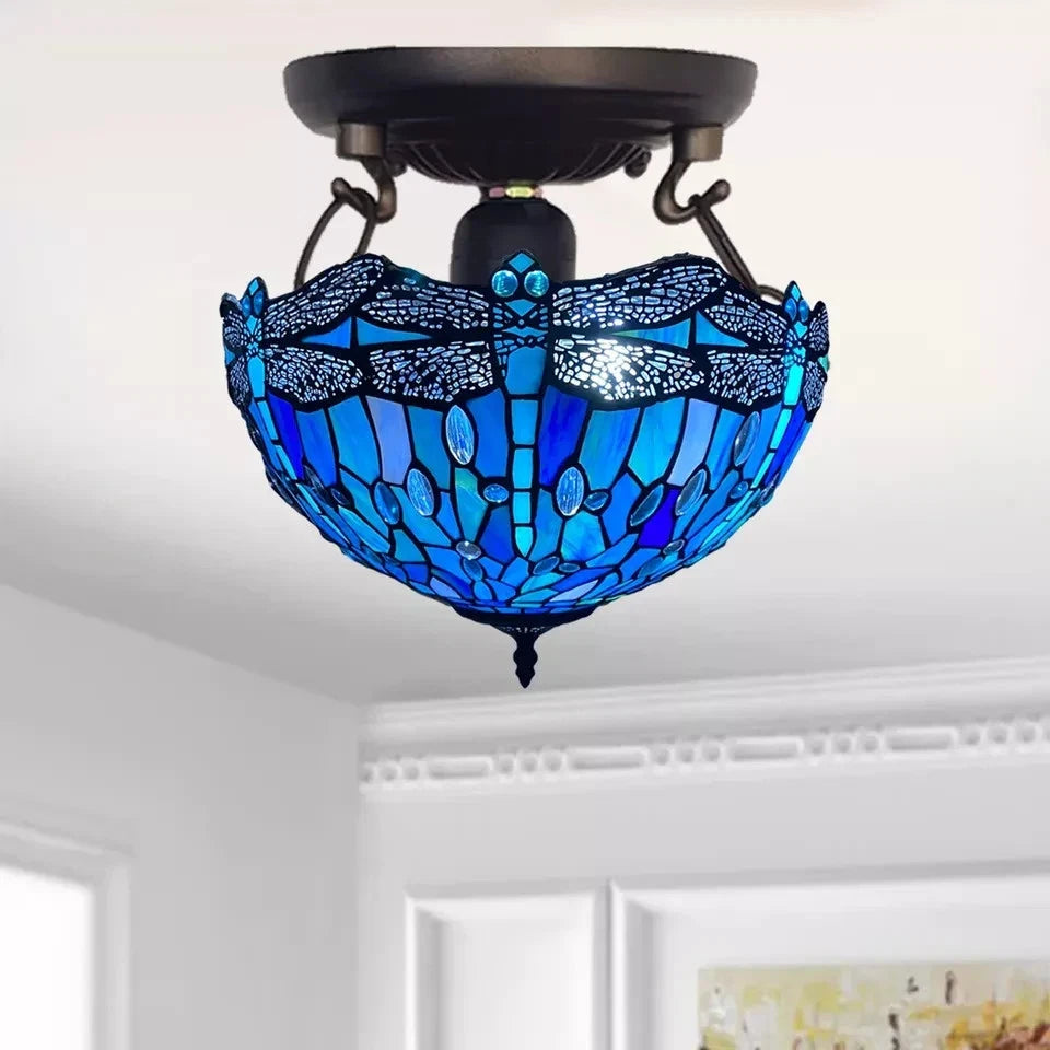 Tiffany Ceiling Lamps Uplighter 16 inch Dome Stained Glass Shade Multicolor Art