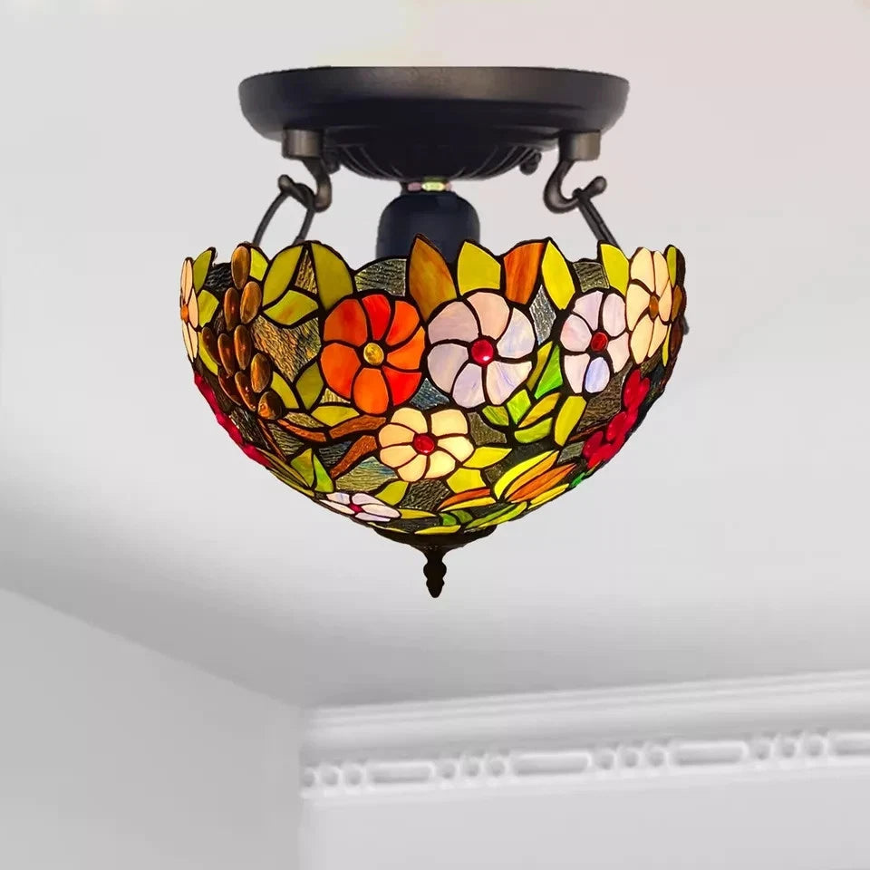 Tiffany Ceiling Lamps Uplighter 16 inch Dome Stained Glass Shade Multicolor Art