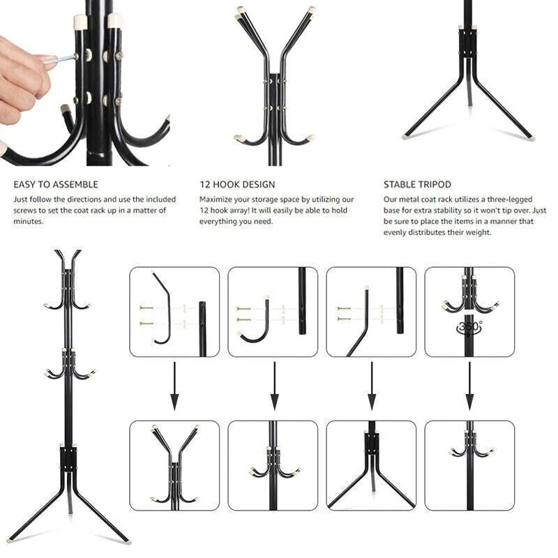 12 Hook Coat Stand Coat Hat Jacket Umbrella Floor Standing Rack