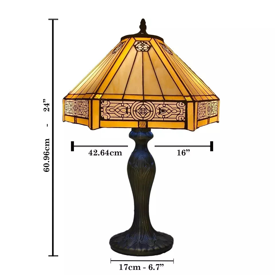 Tiffany Yellow Hexagon Antique Style 16-Inch Table Lamp Stained Glass Shade UK