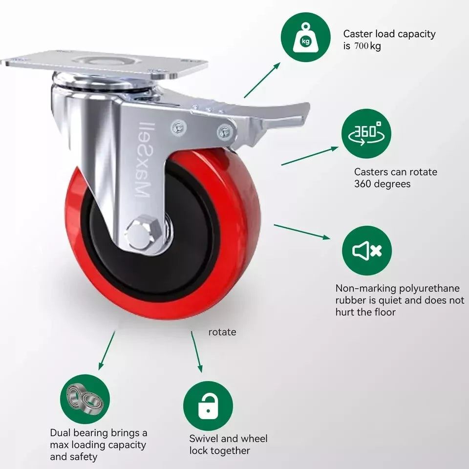 4 x Heavy Duty 100mm 700KG Rubber Swivel Castor Wheels Trolley Furniture Casters